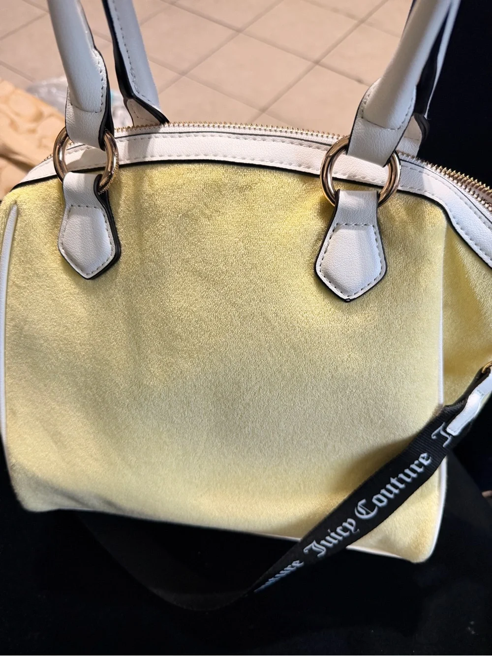 Juicy Couture Yellow Tote with Strawberry Appliqué and White Trim